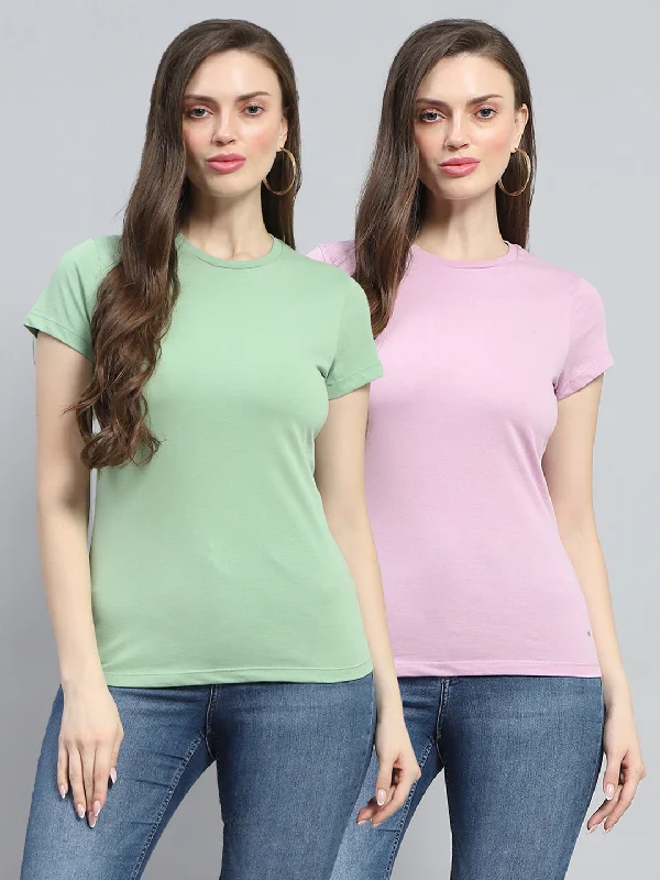 Women Pink & Green Solid Round Neck Half Sleeve Top 2Pc Set