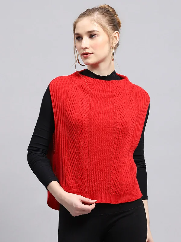 Women Red Self Design Round Neck Sleeveless Winter Tops