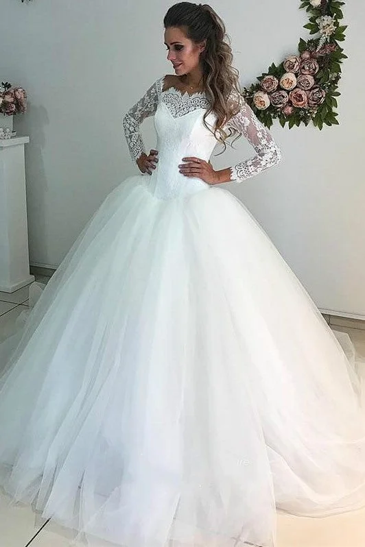 Scalloped Lace Tulle Bridal Dress with Long Sleeves