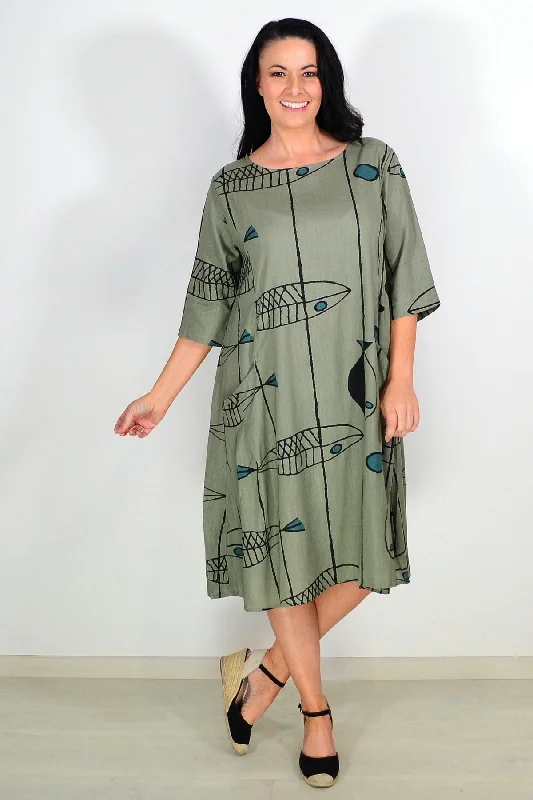 Khaki Cotton Linen Tunic Dress