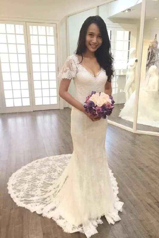 Full Lace Mermaid Bridal Dress Short Sleeves