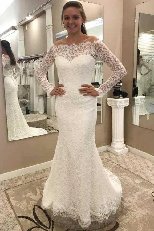 Fit&Flare Lace Off-the-shoulder Wedding Dresses with Long Sleeves