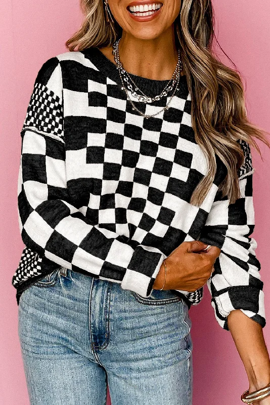 KaleaBoutique Checkered Print Drop Shoulder Round Neck Sweater