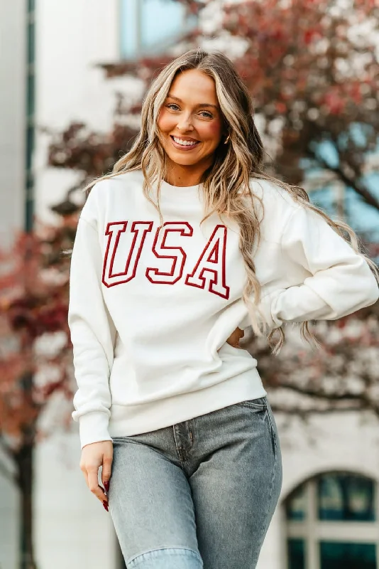 1897 Active Embroidered USA Fleece Sweatshirt for Women in Ivory | GT810-USA-IVORY