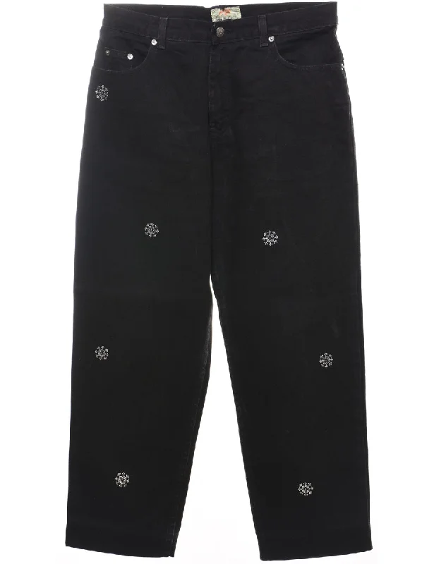 Black Tapered Snowflake Embellished Jeans - W32 L2