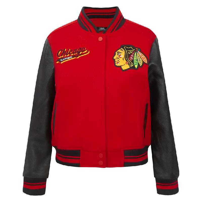 NHL CHICAGO BLACKHAWKS SCRIPT TAIL WOMEN'S WOOL VARSITY JACKET (RED/BLACK)