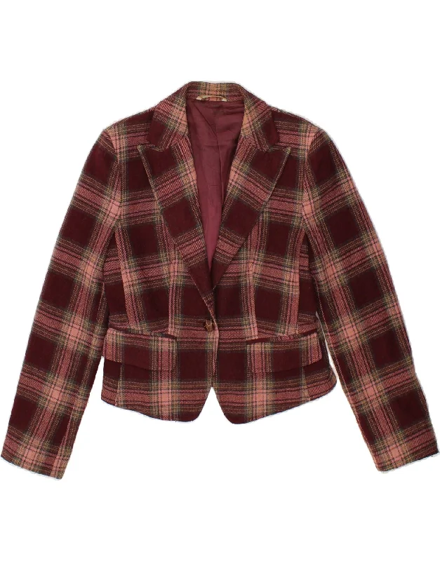 STEFANEL Womens Crop 1 Button Blazer Jacket EU 42 Large Maroon Check