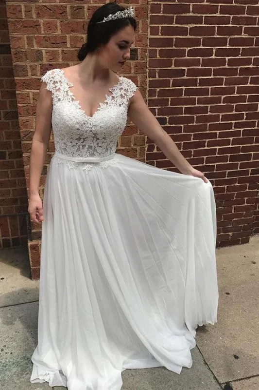 Lace and Chiffon Beach Wedding Dress with V-neckline