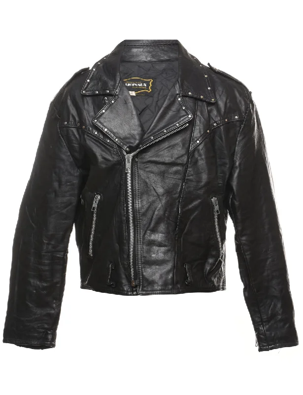 Black Studded Harley Davidson Embroidered Leather Jacket - L