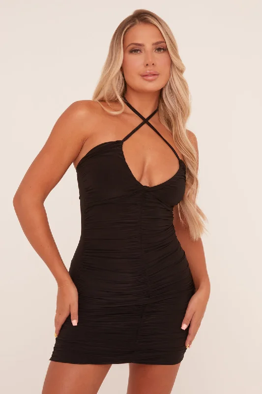 Black Bandeau Ruched Tie Detail Bodycon Mini Dress - Damian