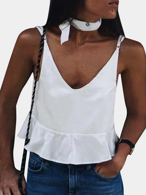 Custom Deep V-Neck Sleeveless Flounced Hem White Camis