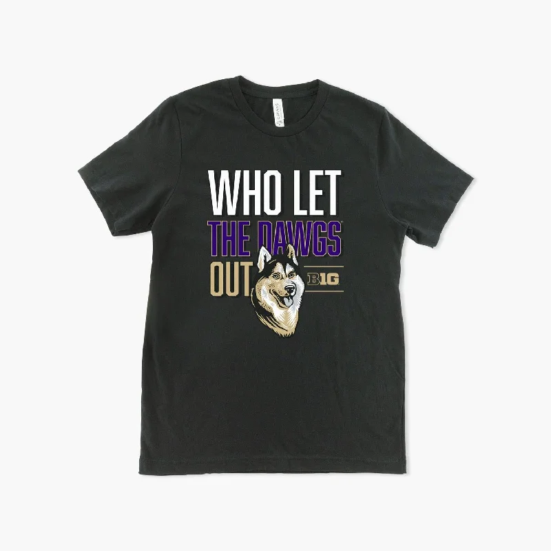 Washington Huskies Big Ten Who Let The Dawgs Out Black T-Shirt