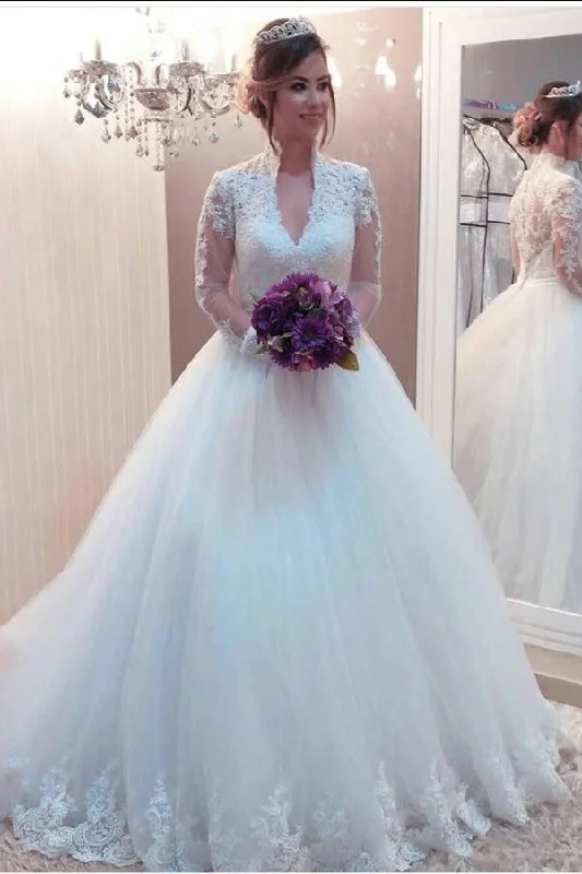 Modest Bridal Gown with See-through Long Sleeves Marriage Dress