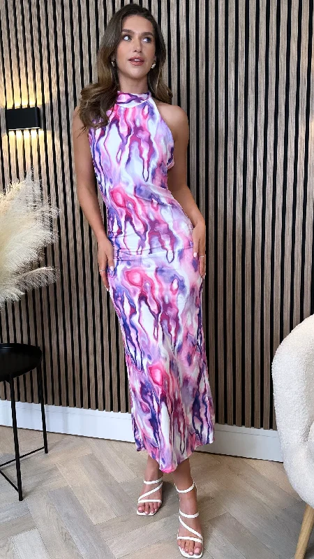 Celeste Lilac Printed Halterneck Midi Dress