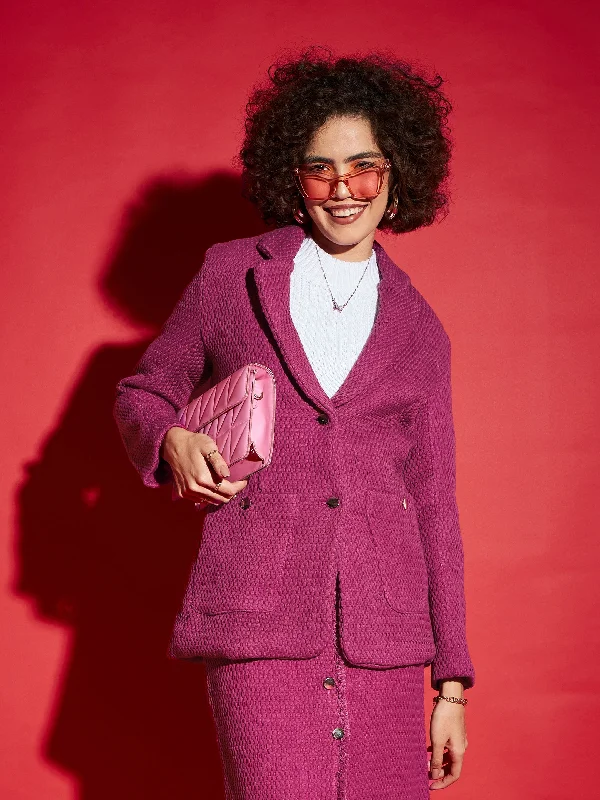 Women Magenta Tweed Notch Collar Blazer