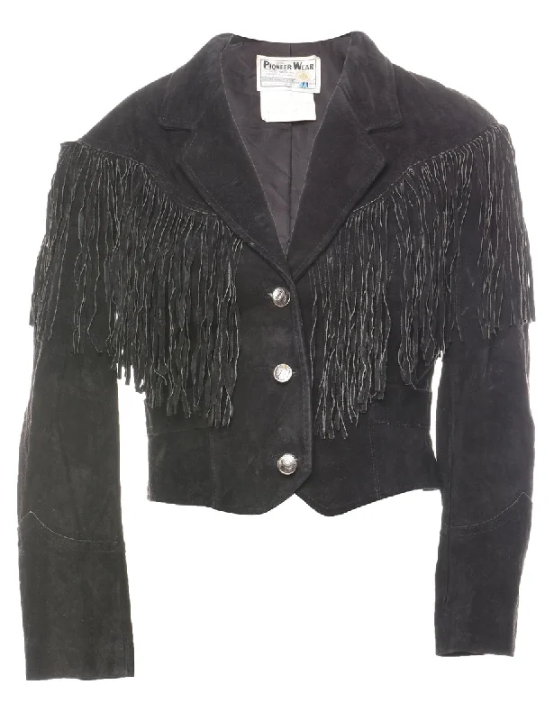 Black Suede Cropped Fringed Jacket - M