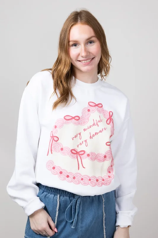 Very Mindful Very Demure Cake Graphic Fleece Sweatshirt for Women in White | 32263X-OSS-WHITE