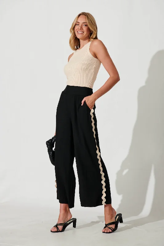 Chaser Pant In Black Linen Cotton Blend With Ric Rac Trim