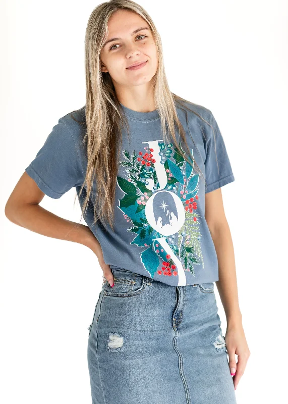 Christmas Winter Blue Floral Joy Graphic Christian Tee - FINAL SALE