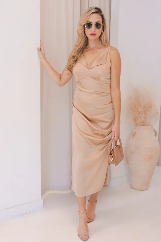 NEW SERENA SATIN SLEEVELESS V-NECK MIDI (CAMEL)