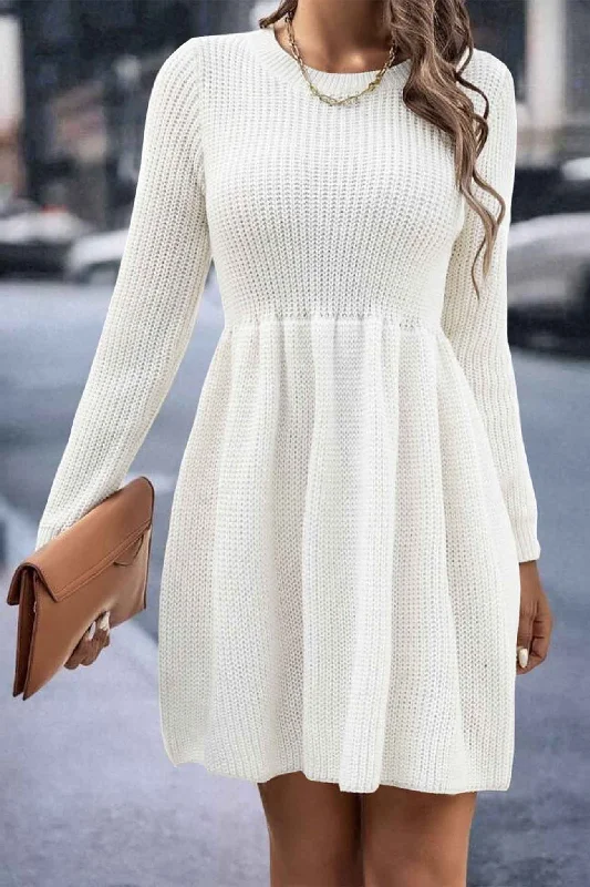 TastyHottie - Solid Color Shirring Long Sleeve Knitted Dress