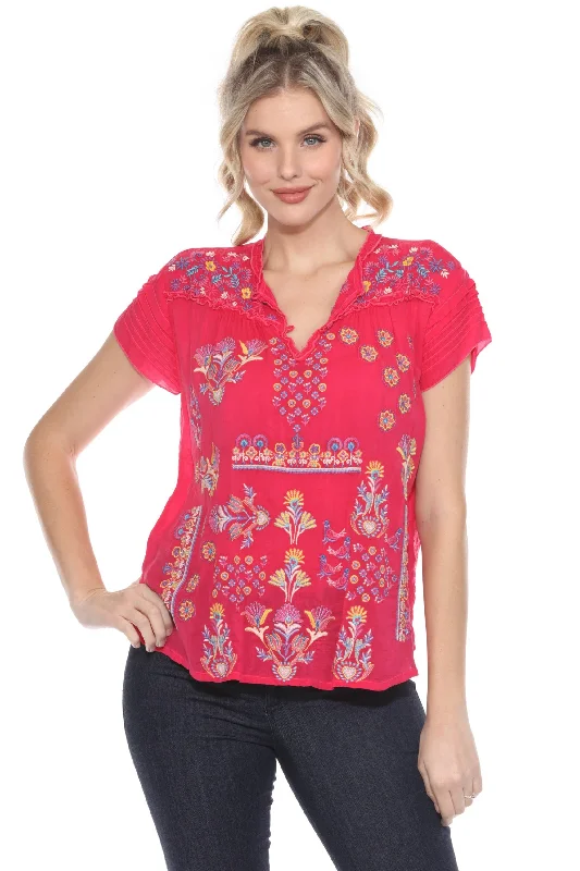 Johnny Was Pink Lafaret Embroidered Split V-Neck Blouse C14424