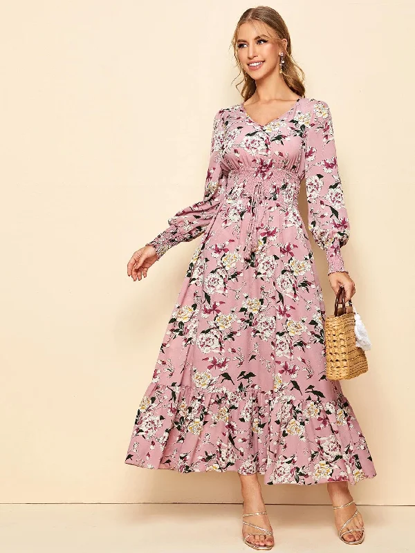 All Over Print Shirred Long Sleeve V Neck Flounce High Waist Maxi Dress