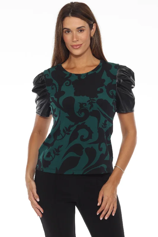 Joseph Ribkoff Absolute Green/Black Paisley Faux Leather Puff Sleeve Top 244071