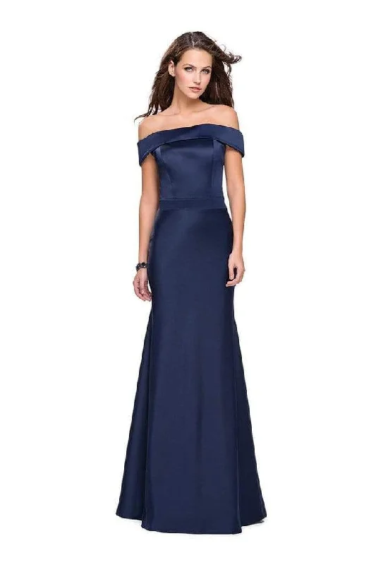 La Femme - Folded Off Shoulder Trumpet Evening Dress 25579SC - 1 pc Navy In Size 8 Available