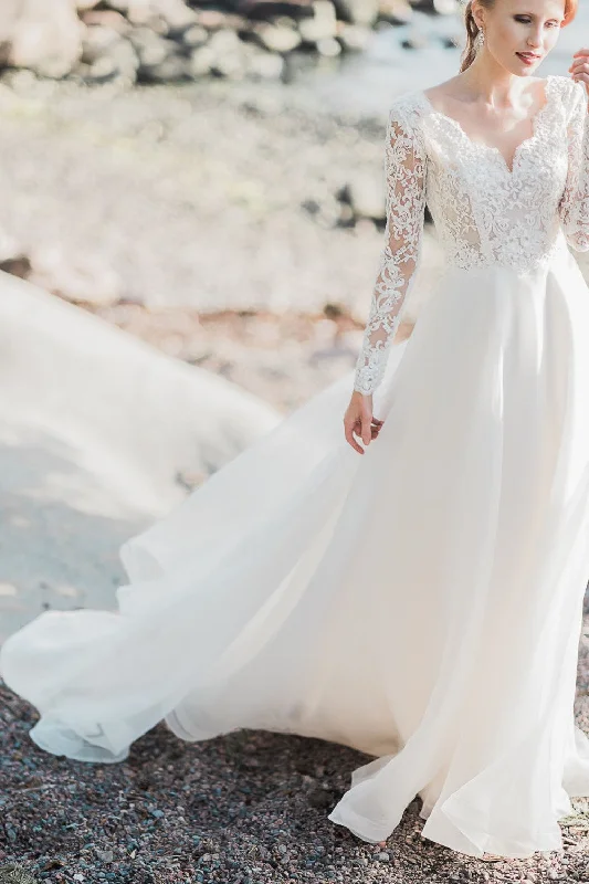 Lace Long Sleeve Wedding Gown with V Neckline