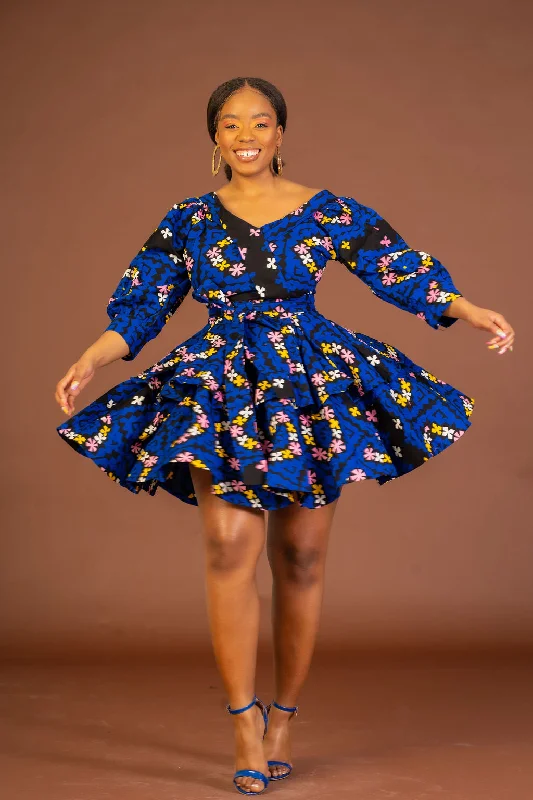 Abbey Ankara Short flare Dress | Blue African Print