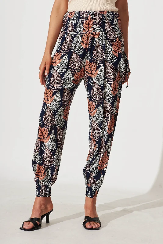 Gabby Pant In Navy With Multi Leaf Print