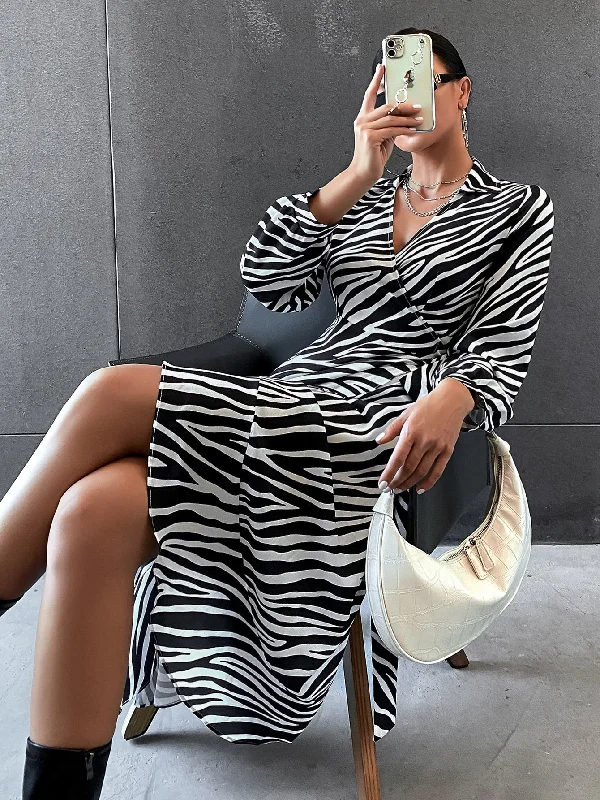 Zebra Stripe Wrap Long Sleeve V Neck Wrap High Waist Long Dress