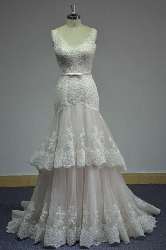 Lace V-neckline Wedding Dress with Two Layers Tulle Skirt