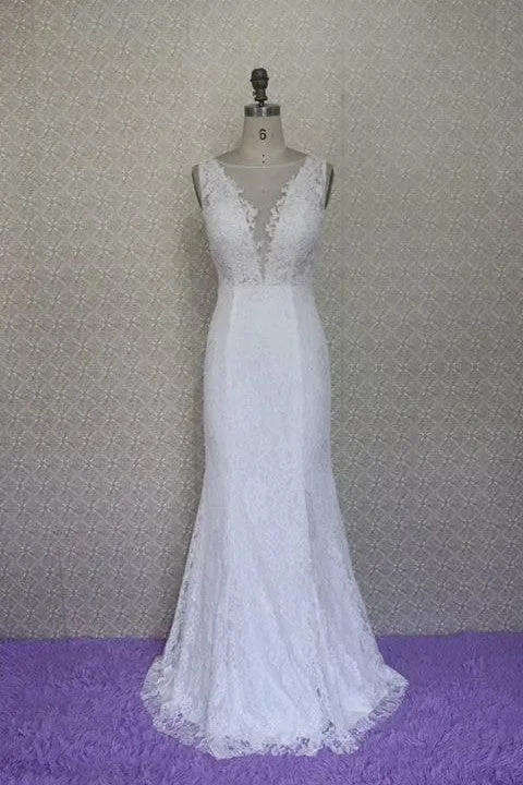 Sleeveless Lace Wedding Dress with Illusion V-neckline