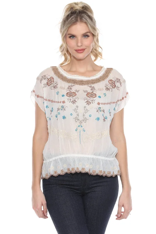 Johnny Was White Embroidered Blouson Dolman Sleeve Blouse JW001