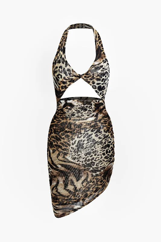 Leopard Print Twist Halter Backless Midi Dress