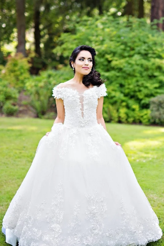 Plunging Neckline White Wedding Gown with Flower Off-the-shoulder