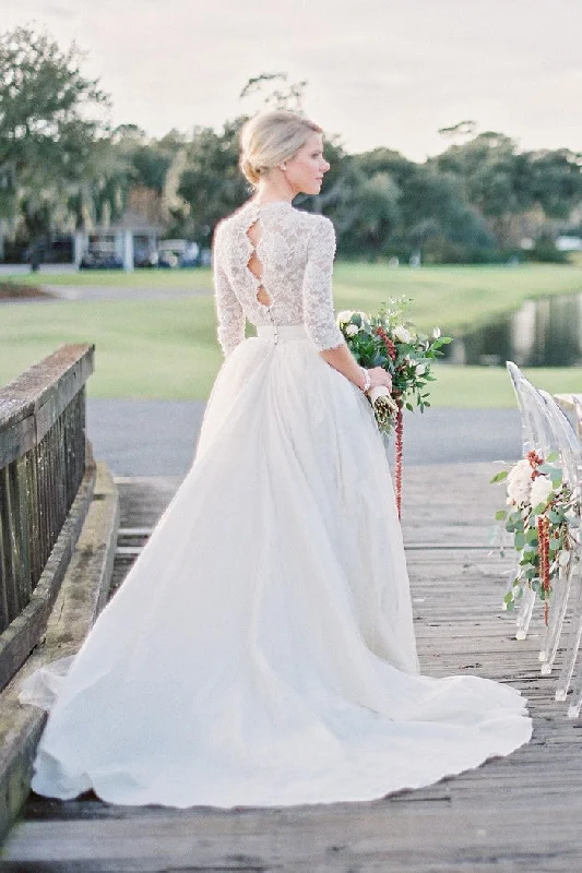 Pearls Lace Sleeves Wedding Dresses Photograph Shoot