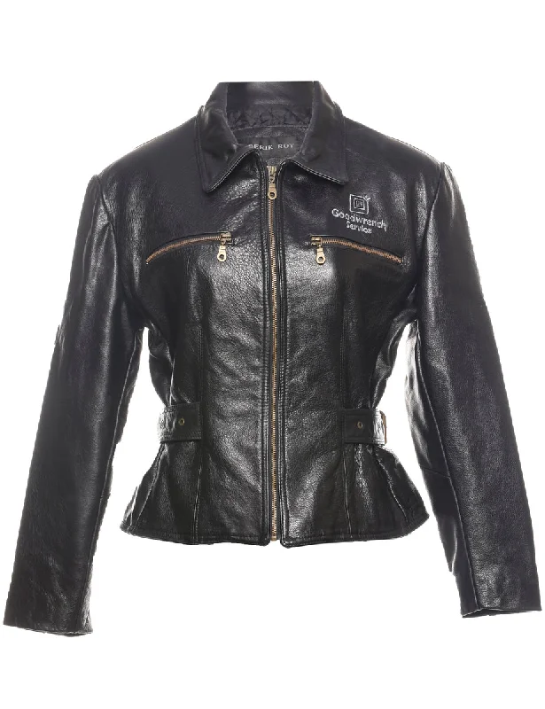 Black Zip-Front Leather Jacket - M