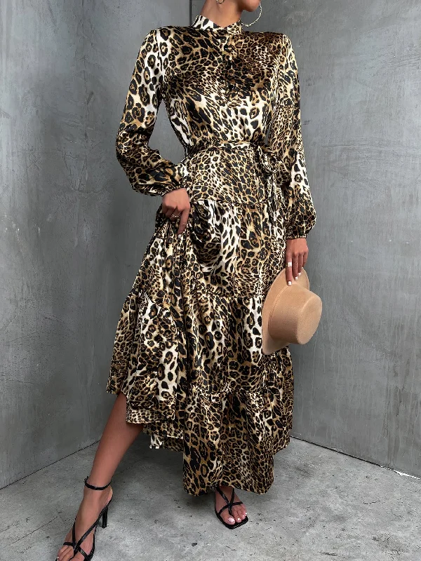 Leopard Button Front Long Sleeve Stand Collar Flounce High Waist Maxi Dress