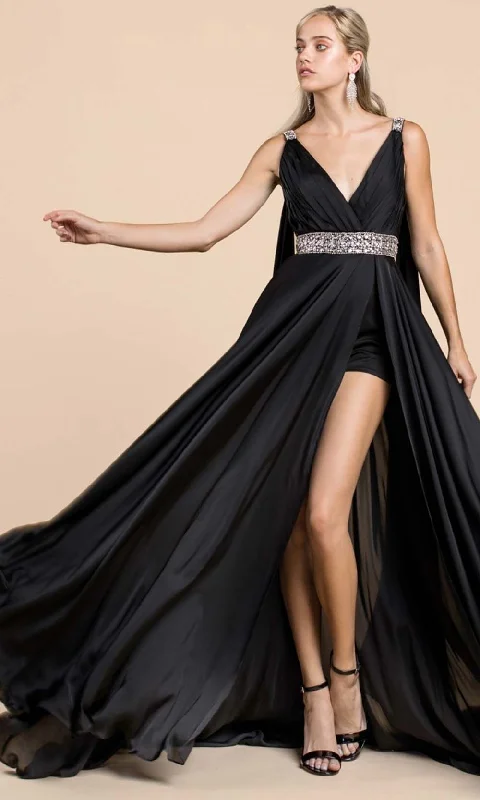 Cinderella Divine - A0065 Satin High Slit Caped Evening Gown