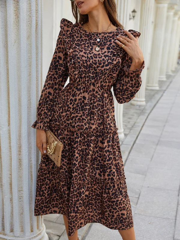 Leopard Ruffle Hem Long Sleeve Round Neck Flounce High Waist Long Dress