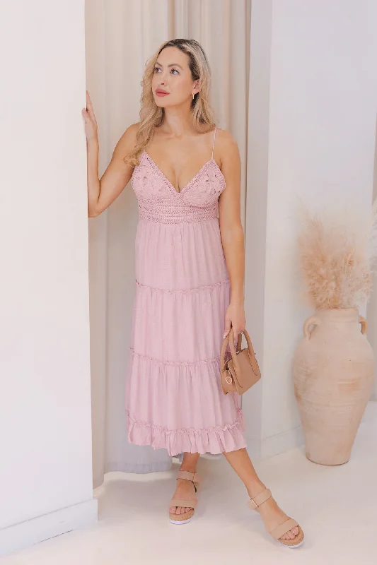 NEW LEXI CROCHET LAYERED PANELS MIDI DRESS (DUSTY PINK)