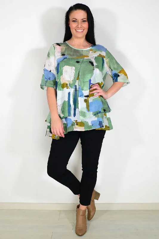 Green Layered Abstract Tunic Top