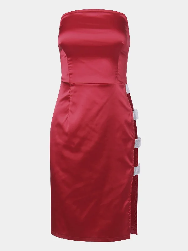 Wholesale Red Bateau Sleeveless Plain Backless Sequins Embellished Slit Hem Mini Dresses