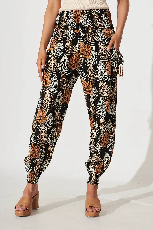 Gabby Pant In Black With Multi Leaf Print