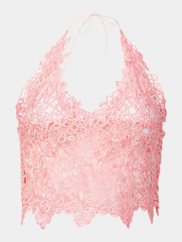 Custom Halter Lace Sleeveless Pink Camis