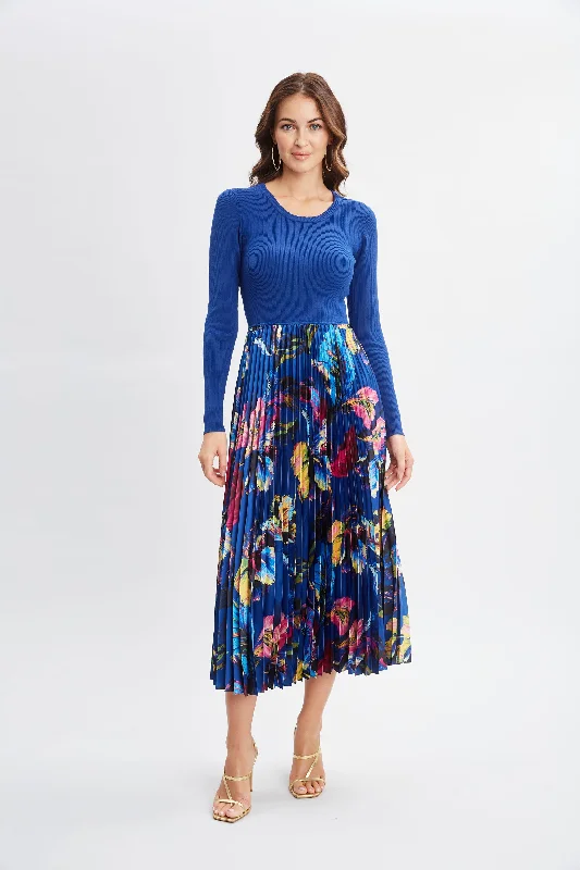 Mixed Media Floral Pleated Dress