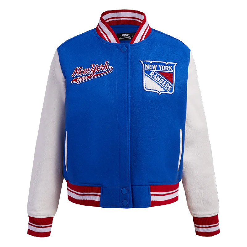 NHL NEW YORK RANGERS SCRIPT TAIL WOMEN'S WOOL VARSITY JACKET (ROYAL BLUE/RED)